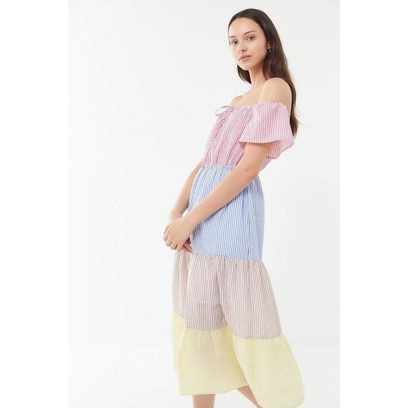 Urban Outfitters Midi Dress XS Colorblock Seersucker Striped Off Shoulder - Picture 13 of 13